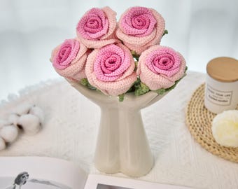 Handmade häkeln rosa Rose Set, gestrickte Blumendekor