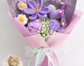 Purple Crochet Flower Bouquet, Handmade Tulip, Rose, Daisy