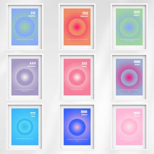 Angel Number Digital Print Bundle | Set of 9 Spiritual Wall Art Posters | Aura Gradient Affirmation Prints | Instant Download | Home Decor