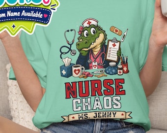 Personalized School Nurse Shirt, Custom Name Nurse Chaos Crocodile Tee, Health Office Gift, Back to School Staff Top