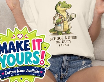 Personalized School Nurse Shirt, Custom Nurse Name Tee, Comfort Colors Nurse Gift, Cute Crocodile Clinic Crew Shirt
