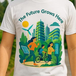Può includere: T-shirt bianca con la scritta "The Future Grows Here" e una grafica colorata di una città con pannelli solari, turbine eoliche e persone. La persona indossa jeans blu.