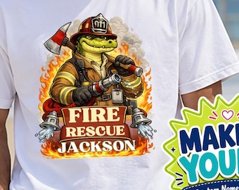 Personalized Firefighter Shirt, Custom Fire Rescue Name Tee, Comfort Colors First Responder Gift, Cute Crocodile Shirt