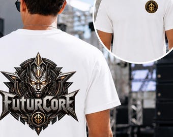 FuturCore Shirt With Back Print, Hardcore Music Cyber Techno Tee, Front Logo Rave Festival Gift