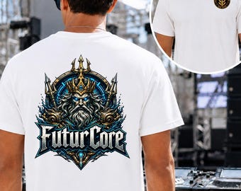 FuturCore Back Print Shirt, Mythic Techno Rave Tee, Front Logo Hardcore Music Festival Gift