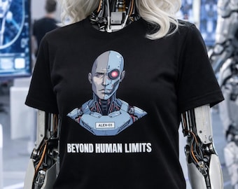 May include: Black t-shirt with a futuristic robot graphic and the text "BEYOND HUMAN LIMITS". The image features a person with robotic enhancements, including a robotic neck, arms, and hands. The shirt has the text "ALEX-01" above the graphic.
