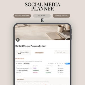 May include: A digital social media planner template displayed on a tablet. The screen shows a content creator planning system with a dashboard, task lists, and platform options. The top of the image reads "SOCIAL MEDIA PLANNER".