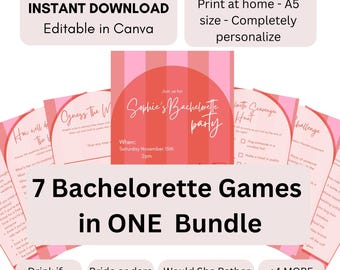 Bachelorette Party Games Bundle, Editable Canva Template, Bridal Shower Hen Party (Instant Download)