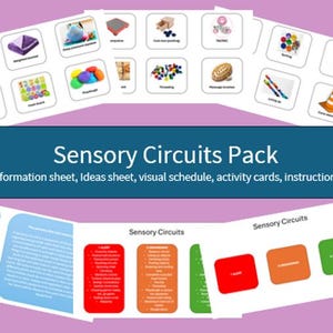 Op de afbeelding: Een pakket sensorische circuits met informatiebladen, activiteitkaarten en visuele schema's. De afbeelding toont geïllustreerde kaarten met pictogrammen en de tekst "Sensory Circuits Pack". De achtergrond is lichtpaars.