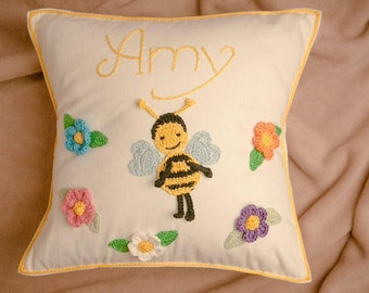 Personalized Bee Nursery Cushion, Handmade Baby Room Decor