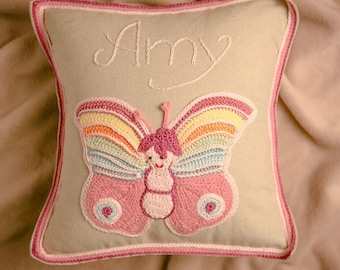 Butterfly Pink Cushion,Personalized Cushion Baby Gift , Crochet cushion, Butterfly lovers , Nursery Cushion