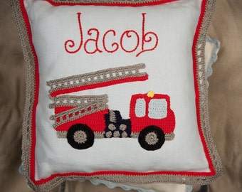 Personalised Fire Engine cushion,   Fireman Baby Room , Fire engine Nursery Theme , Little Fireman Cushion , Nursery Cushion