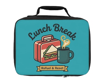 Ilustración de la pausa para el almuerzo: bolsa para el almuerzo / fiambrera isotérmica, diseño para sándwiches y café.