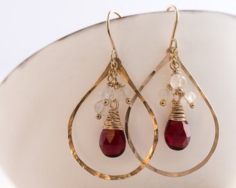 Ruby Quartz and Moonstone Chandelier Teardrop Earrings, Ruby Wedding, Anniversary Gift, Statement Earrings, July Birthstone, Red Earrings