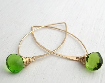 Peridot Quartz Long Hoop Earrings in Gold and Silver, Pretty Summer Earrings, Green Statement Earrings, Everyday Earrings, Boho Chic Hoops