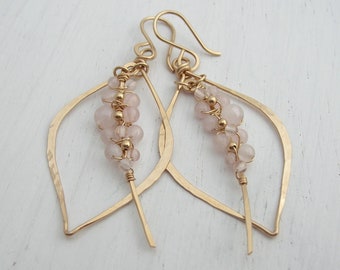 Rose Quartz Woven Tusk Leaf Hoop Earrings, Leaf Earrings, Pink Earrings, Pink Statement Earrings, Alternative Bridal, Wedding Earrings,