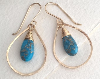 Arizona Turquoise Teardrop Hoop Earrings, Turquoise Jewellery, Bohemian Earrings, Summer Drop Earrings, December Birthstone