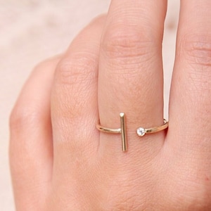 Asymmetrical Diamond Ring Bar Ring, Unique Ring, Diamond Band, Gold Band, Skinny Ring, Boho Diamond Ring, Alt Bridal, April Birthstone image 1