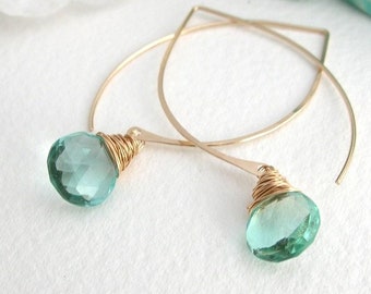 Aquamarine Quartz Long Hoop Earrings in Silver or Gold, March Birthstone, March Birthday Gift, Boho Blue Earrings, Modern Summer Earrings