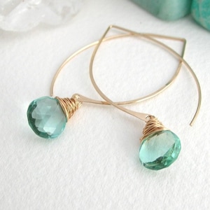 Aquamarine Quartz Long Hoop Earrings in Silver or Gold, March Birthstone, March Birthday Gift, Boho Blue Earrings, Modern Summer Earrings