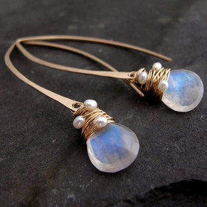 Moonstone and Pearl Long Hoop Earrings, June Birthstone, June Birthday Gift, Moonstone Earrings, Alternative Bridal, Wedding Earrings