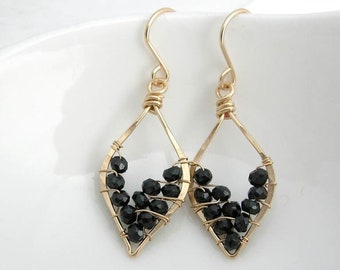 Black Spinel Open Leaf Hoop Earrings, Black Earrings, Leaf Earrings, Leaf-shaped, Nature Earrings, Nature-Inspired, Black Boho Earrings