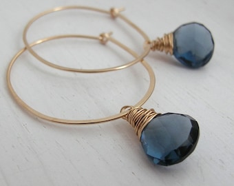 Deep Blue Quartz Hoop Earrings