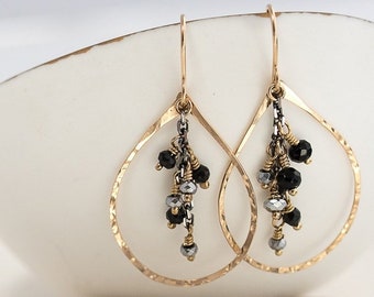 Hematite and Black Onyx Teardrop Chandelier Earrings, Beaded Earrings, Black Earrings, Teardrop Earrings, Statement Earrings, Party Earrings
