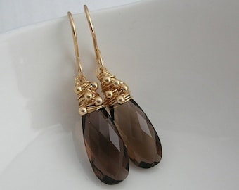 Smoky Quartz Long Drop Earrings in Gold or Silver, Brown Gemstone Earrings, Beaded Earrings, Autumn Earrings, Fall Jewelry