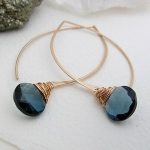 Navy Quartz Long Hoops in Silver, Gold, Rose Gold, Pretty Everyday Earrings, Work Earrings, Statement Earrings