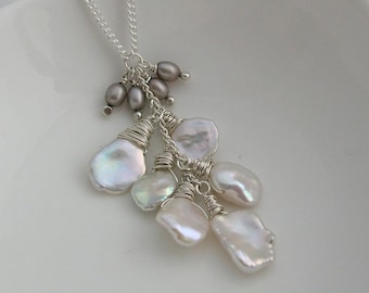Keshi Pearl Lariat Necklace, Pearl Bridal Necklace, Pearl