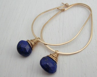 Lapis Lazuli Egg Hoops in Gold or Silver, Blue Earrings, Designer Hoops, Rare Stone, Statement Hoop Earrings, Navy Jewellery, Navy Earrings