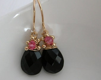 Black Onyx and Pink Quartz Drop Earrings, Beautiful Teardrop Earrings, Black Earrings, Party and Occasion Earrings, 10th Anniversary Gift