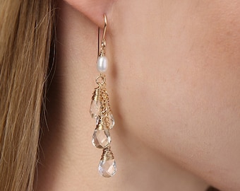 Crystal Quartz and Pearl Waterfall Earrings In Gold & Silver, Bridal Earrings, Alternative Bridal, Pearl Earrings, Chandelier Earrings