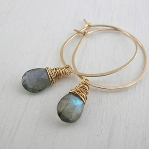 Labradorite Round Hoop Earrings in Gold or Silver, Gemstone Hoop Earrings, Boho Hoops, Stunning Statement Hoops, Bohemian Earrings