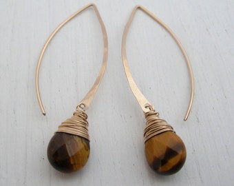 Tigers Eye Long Hoop Earrings in Silver and Gold, Brown Statement Earrings, Chic Everyday Earrings, Boho Hoops