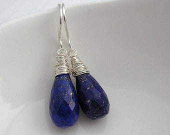 Lapis Lazuli Long Drop Earrings in Gold or Silver, Blue Teardrop Earrings, Blue Gemstone Jewelry, Everyday Earrings, Alternative Bridal