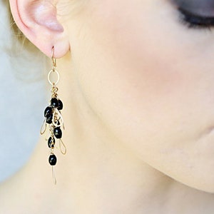 Black Onyx Little Wing Earrings in Gold & Silver, Party Earrings, Long Black earrings, 10th Wedding Anniversary, Chandelier Earrings