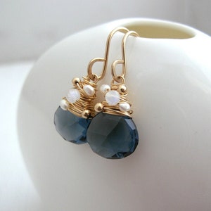 Navy Quartz, Moonstone and Pearl Drop Earrings, Stunning Navy Blue Earrings, Teardrop Earrings, Everyday Earrings, Blue Statement Earrings