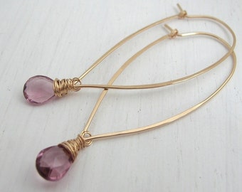 Pink Quartz Tapered Hoop Earrings - Long Earrings, Gold Hoop, Gemstone Earrings, Boho Earrings, Pink Summer Earrings, Designer Hoops