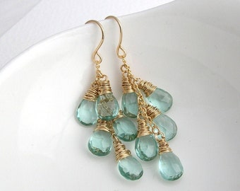 Aquamarine Quartz Waterfall Earrings in Gold or Silver- March Birthstone Birthday Gift - Statement Blue Summer Earrings