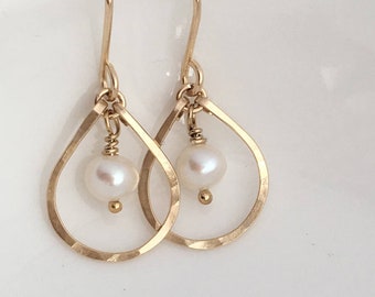 Little Pearl Teardrop Hoop Earrings, Small Pearl Earrings, Wedding Earrings, Alternative Bridal, June Birthstone, Gold Teardrop Earrings