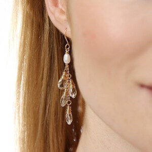 Crystal Quartz and Pearl Waterfall Earrings In Gold & Silver, Bridal Earrings, Alternative Bridal, Pearl Earrings, Chandelier Earrings image 2