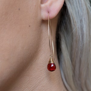 Ruby Quartz Long Hoops in Silver and Gold - Statement Gold Hoops, Valentine's Day, July Birthstone, Statement Earrings, Christmas Earrings