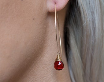 Ruby Quartz Long Hoops in Silver and Gold - Statement Gold Hoops, Valentine's Day, July Birthstone, Statement Earrings, Christmas Earrings