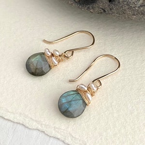 Labradorite and Pearl Drop Earrings, Beautiful Teardrop Earrings, Blue ...