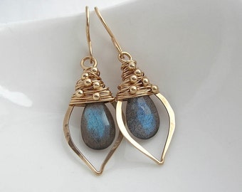 Labradorite Little Leaf Hoops in Silver and Gold, Hammered Gemstone Earrings, Leaf-shaped Designer Earrings, Blue Grey Statement Earrings