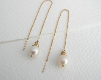 Freshwater Pearl Ear Threads - Pearl Drop Earrings - Threader Earrings - Bridal Earrings - Alternative Bridal- Wedding Jewellery