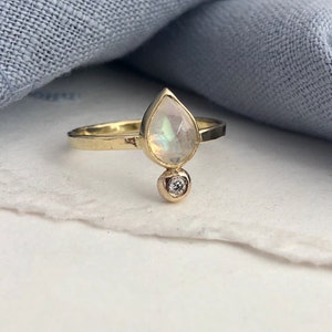 Moonstone and Diamond Pear Ring in Gold or Silver,  Rainbow Moonstone Ring, Alternative Engagement Ring, Alt Bridal, June Birthstone