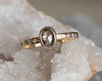 Salt and Pepper Diamond Oval Ring, Grey Diamond, Galaxy Diamond Ring, Diamond Ring, Modern Diamonds, Alternative Bridal, April Birthday